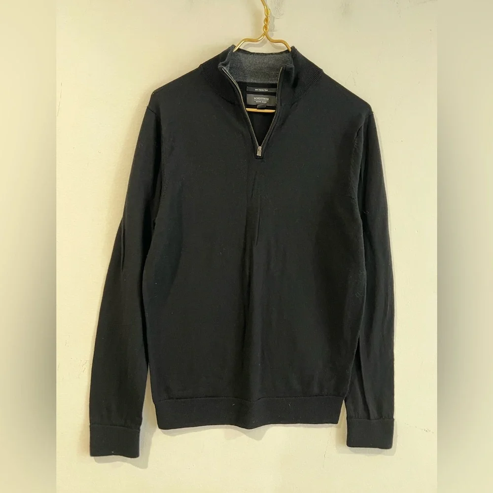 Nordstrom Men's Black 1/4 Zip-Up Sweater 100% merino wool black  M